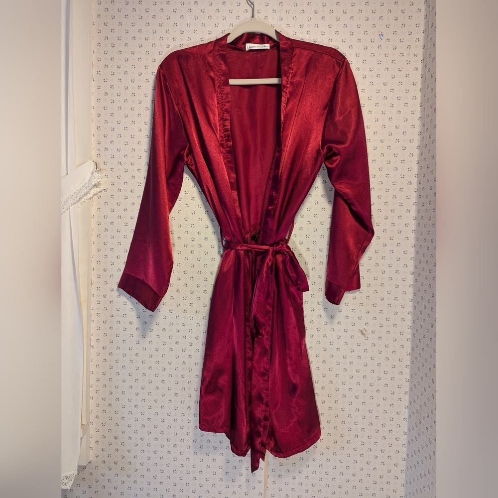 Elizabeth Arden Satin Robe Red Burgundy M tie Belt Edge Vintage Designer Night